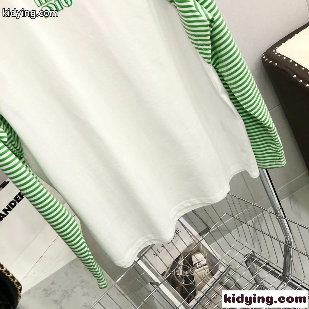 おしゃれ 重ね着風 クールネック 切り替え ミュウミュウ 長袖tシャツ コピー ストライプ プリント スタイリッシュ-3