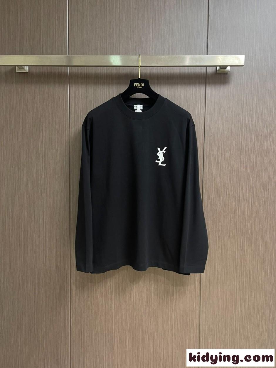 シンプル ロゴ 長袖Tシャツ イヴ・サンローラン Tシャツ 偽物 ブラック-0