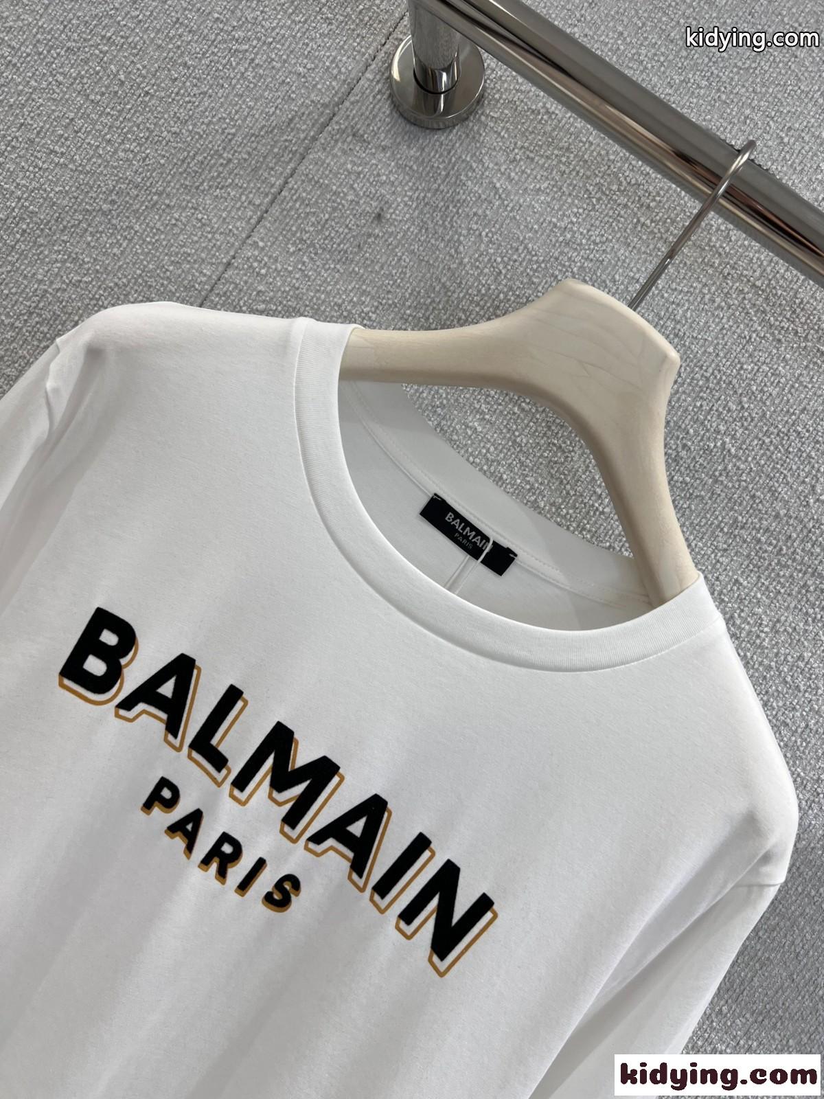 シンプル ロゴプリント 長袖Tシャツ バルマン Tシャツ コピー コットン ホワイト-3