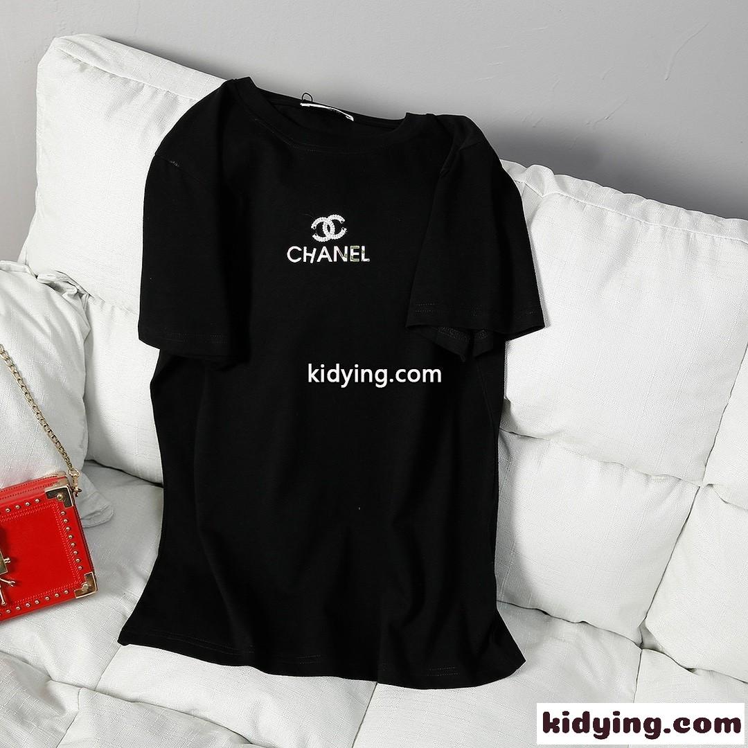 コットン 着心地いい ゆったり 人気 流行り クルーネック ロゴ シャネル tシャツ コピー カジュアル 春夏 トップス ホワイト ブラック-1