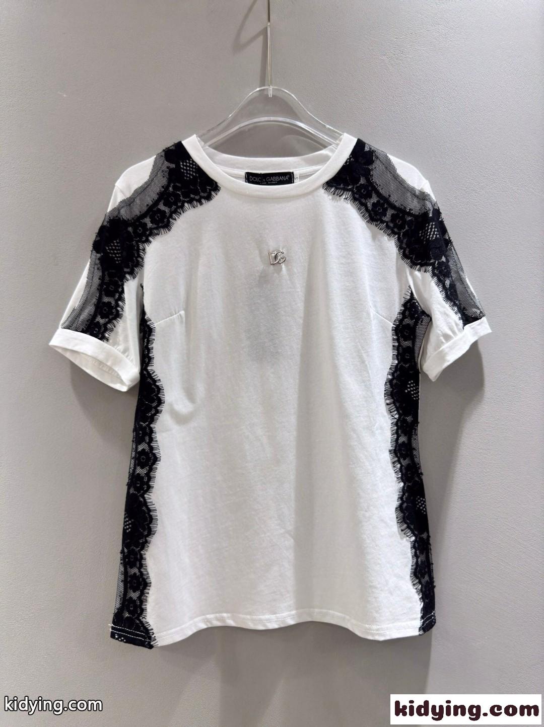 レースインサート&DGロゴ コットンTシャツ ドルチェ&ガッバーナ 半袖Tシャツ 偽物 ホワイト-1