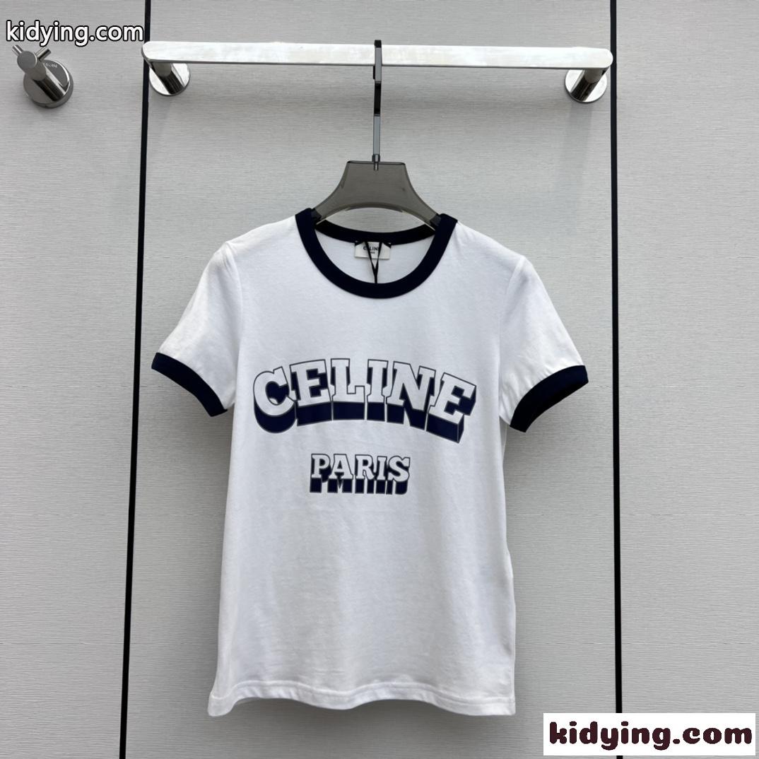 人気 定番 ロゴ クルーネック コットン 半袖Tシャツ セリーヌ Tシャツ コピー-2