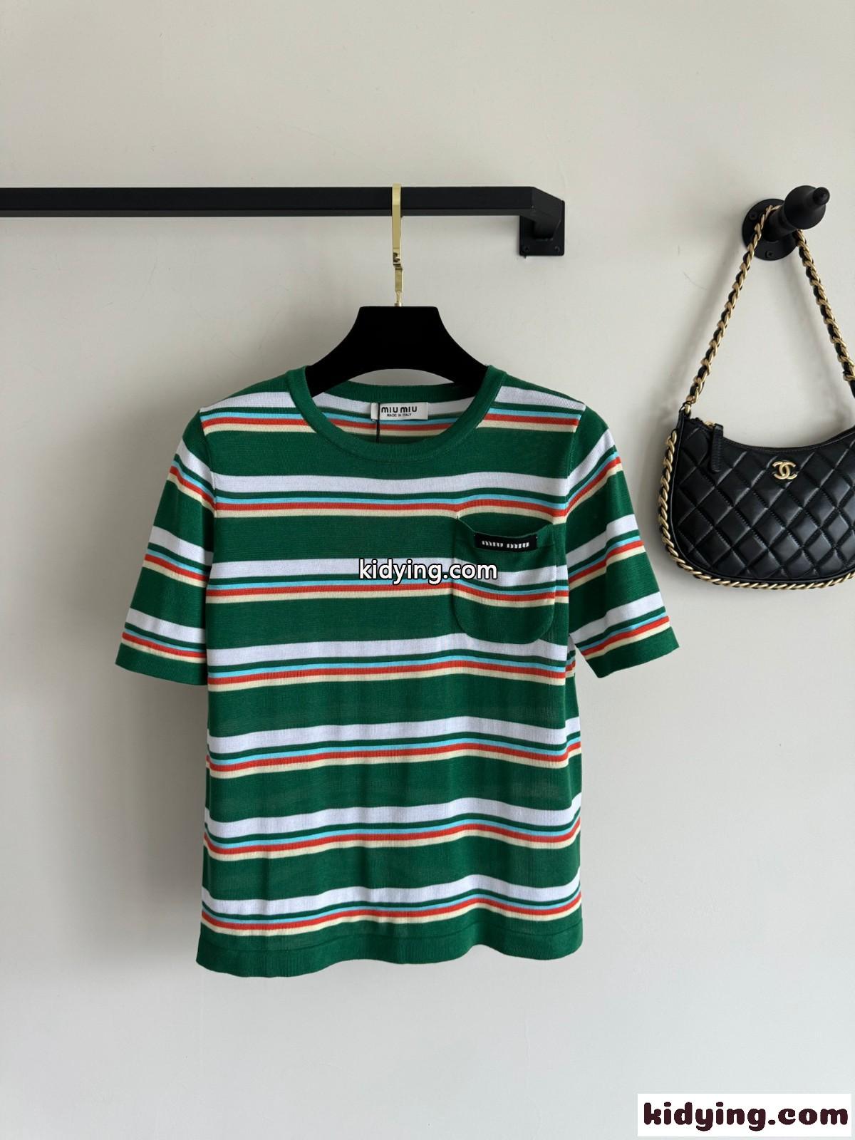 カジュアル 人気 ストライプ 半袖Tシャツ ミュウミュウ Tシャツ コピー レディース-0