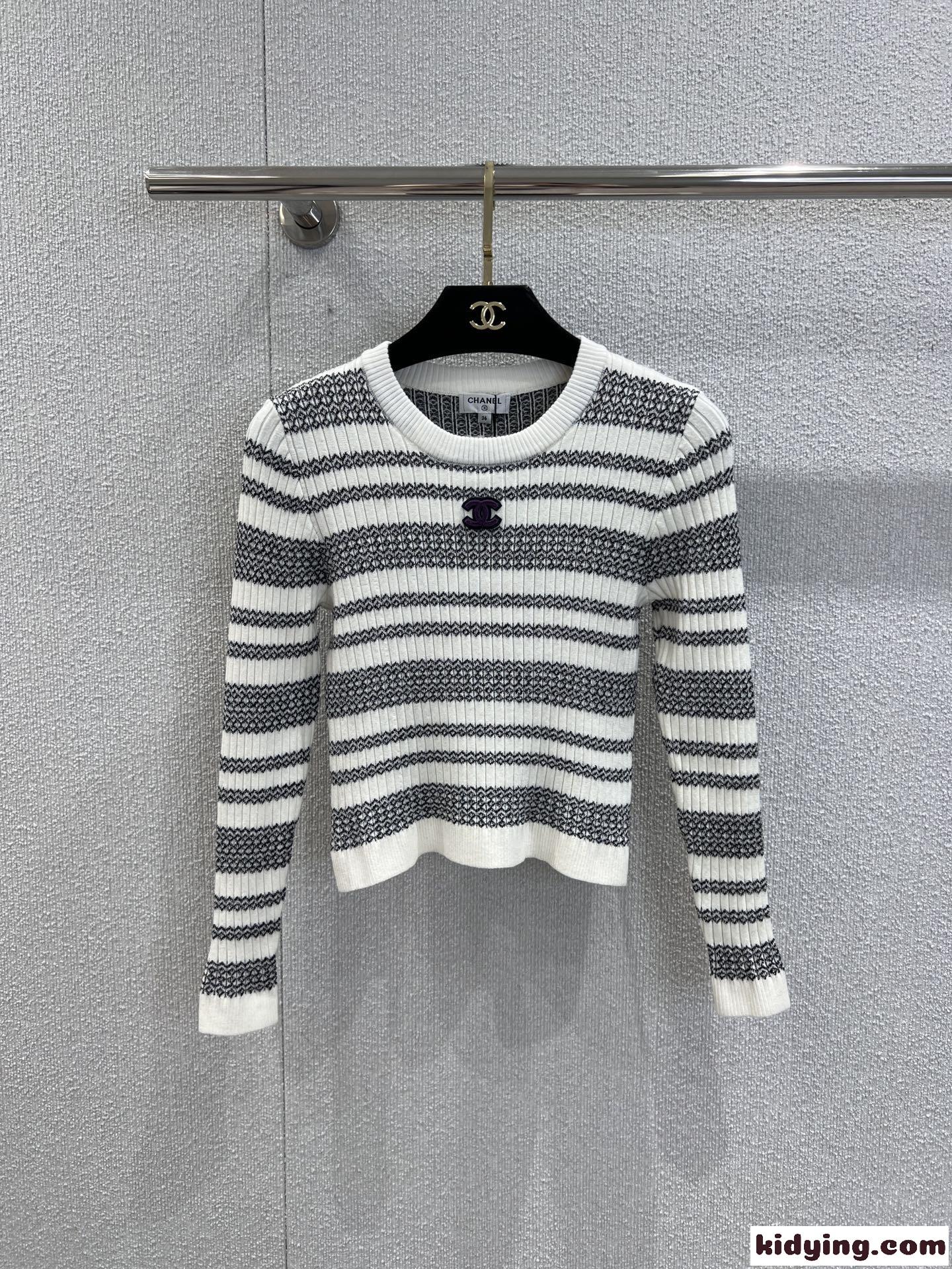 お洒落 上品 ストライプ クロップドニット シャネル セーター コピー ホワイト-2