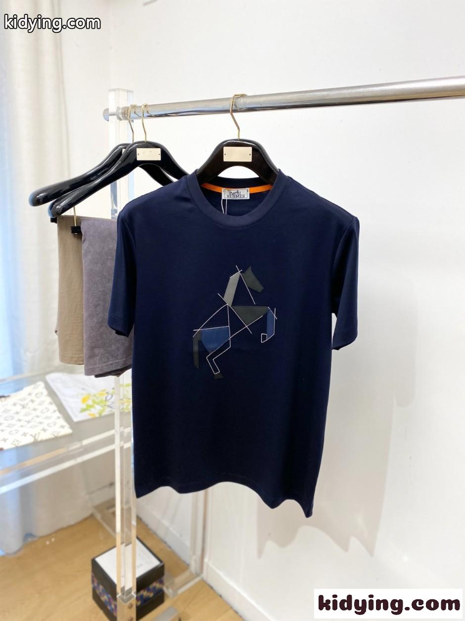 カジュアル ホース レザーパッチ クルーネック エルメス Tシャツ 偽物 ネイビー-0