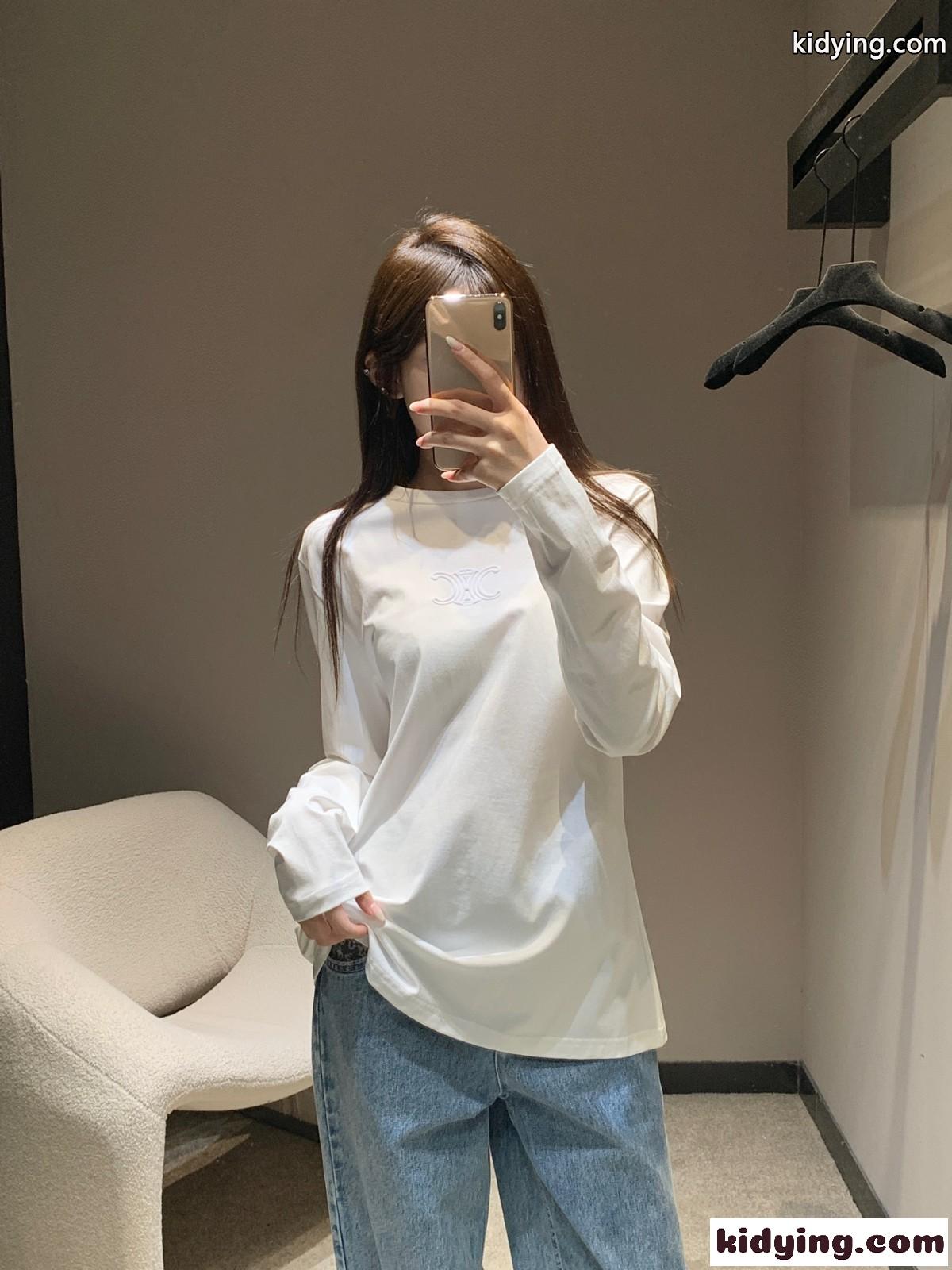 シンプル コットン 長袖Tシャツ セリーヌ Tシャツ コピー クルーネック ホワイト-5