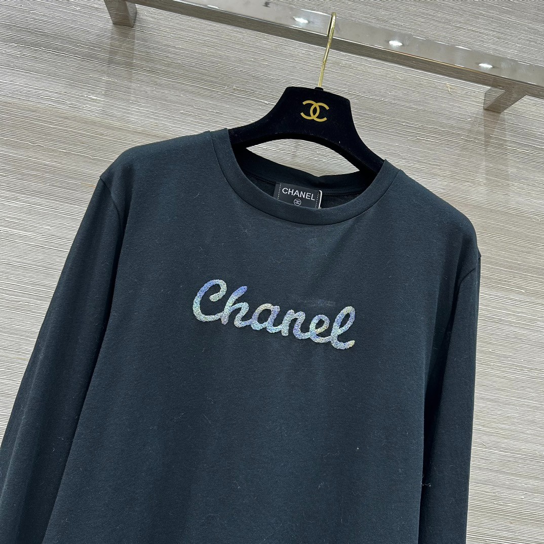 合わせやすい カジュアル コットン 長袖Tシャツ シャネル Tシャツ コピー ブラック-1