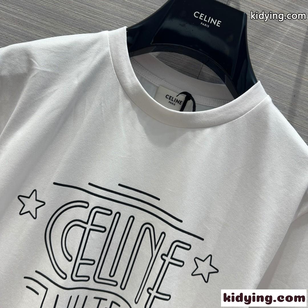 シンプル プリント クルーネック 半袖 コットン セリーヌ Tシャツ コピー ホワイト-0