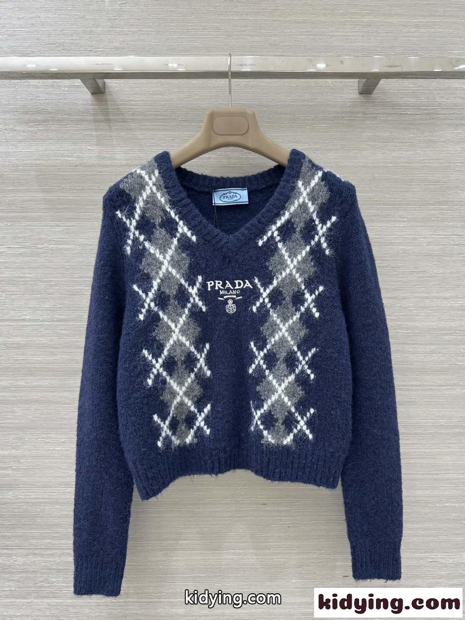 ウール&カシミヤ アーガイル Vネック ニット プラダ セーター 偽物 ネイビー-2