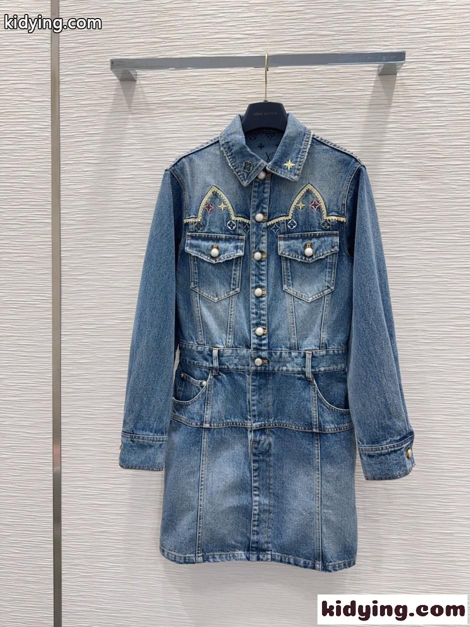 刺繍入り デニム シャツワンピース ルイ・ヴィトン ワンピース コピー コットン-0