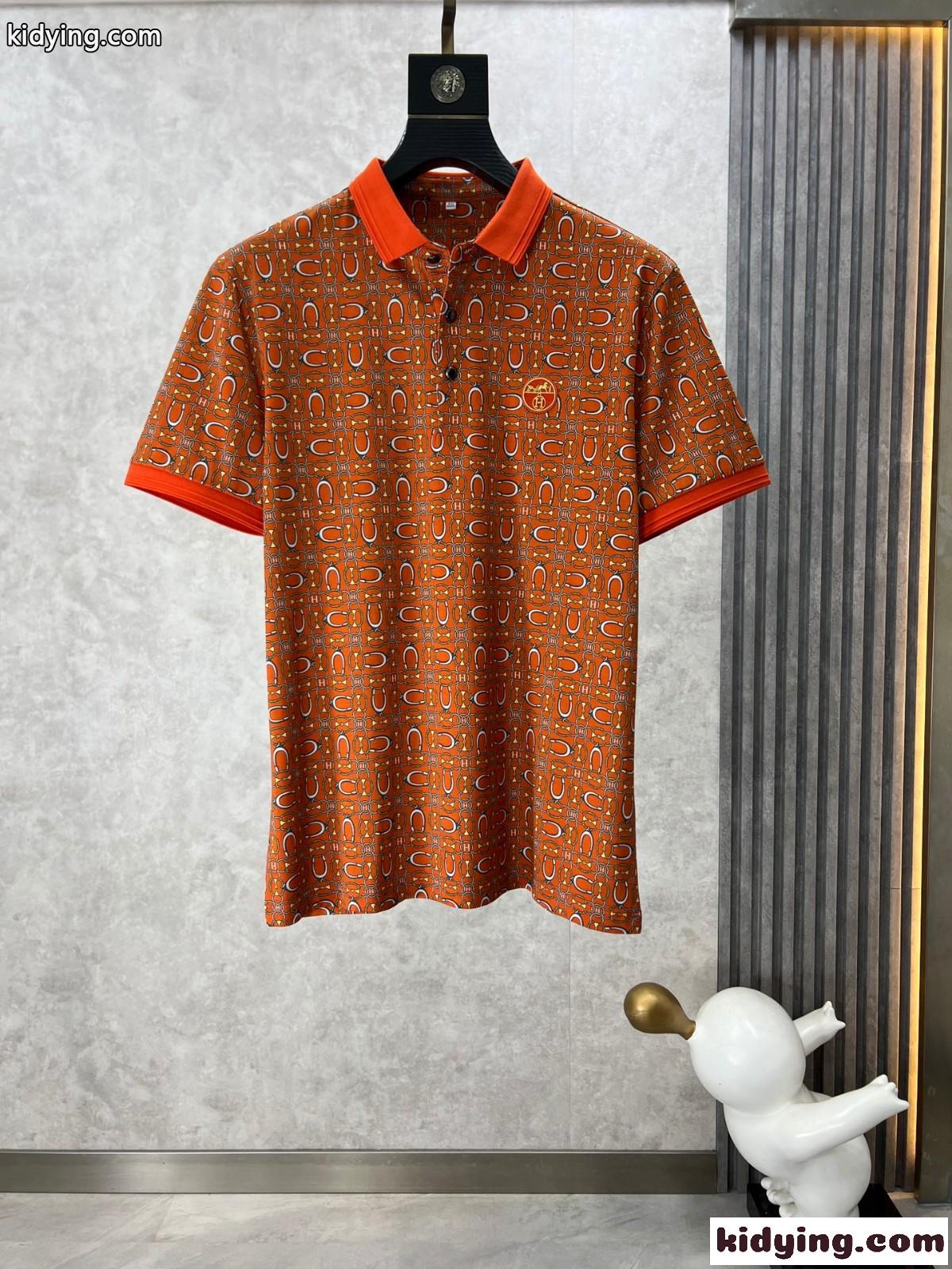 目を引く 総柄プリント 半袖 ポロシャツ エルメス Tシャツ コピー オレンジ-0