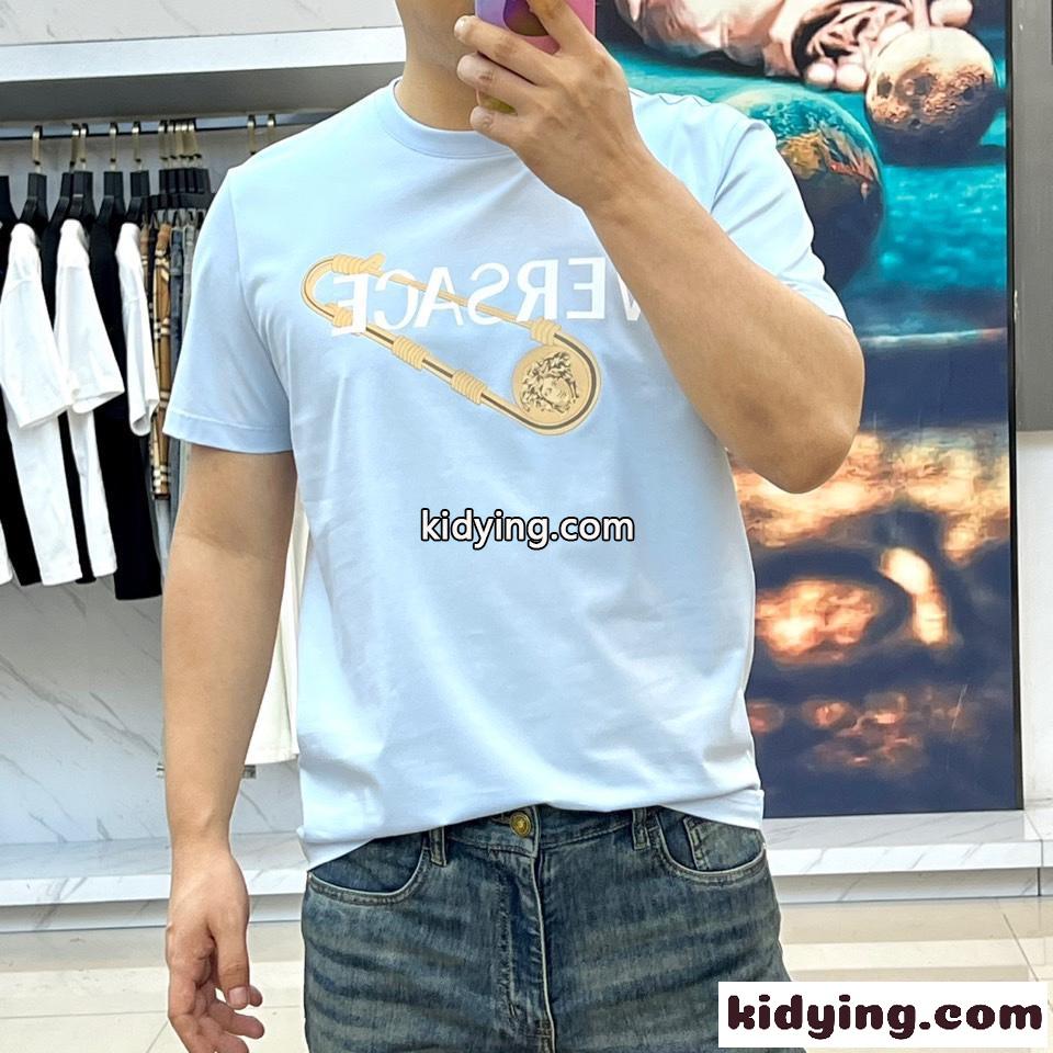 カジュアル ロゴ クルーネック 半袖Tシャツ ヴェルサーチェ Tシャツ 偽物 ライトブルー-2