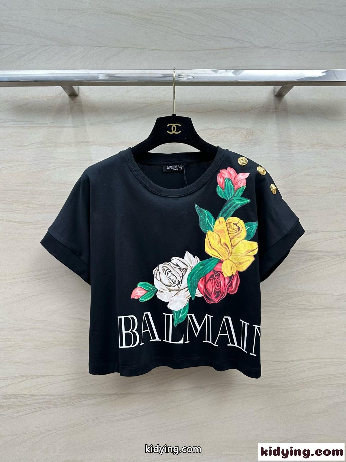 Balmain ヴィンテージ ローズ プリント Tシャツ バルマン 半袖Tシャツ コピー レディース-2