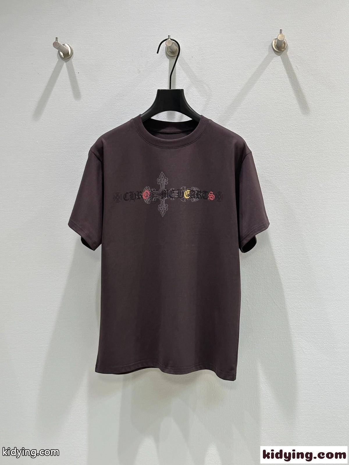 ユニセックス プリント 半袖Tシャツ クロムハーツ Tシャツ コピー コットン ダークブラウン-0