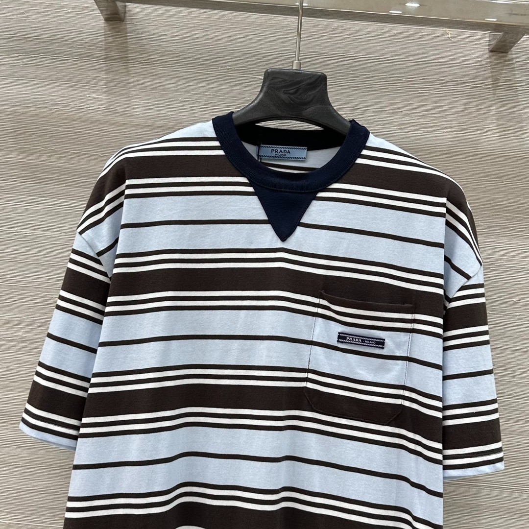 ストライプ コットン オーバーサイズTシャツ プラダ Tシャツ  偽物 半袖トップス-0