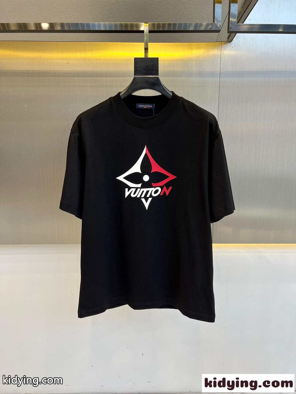 カジュアル プリント クルーネック ルイ・ヴィトン 半袖Tシャツ コピー ブラック-0