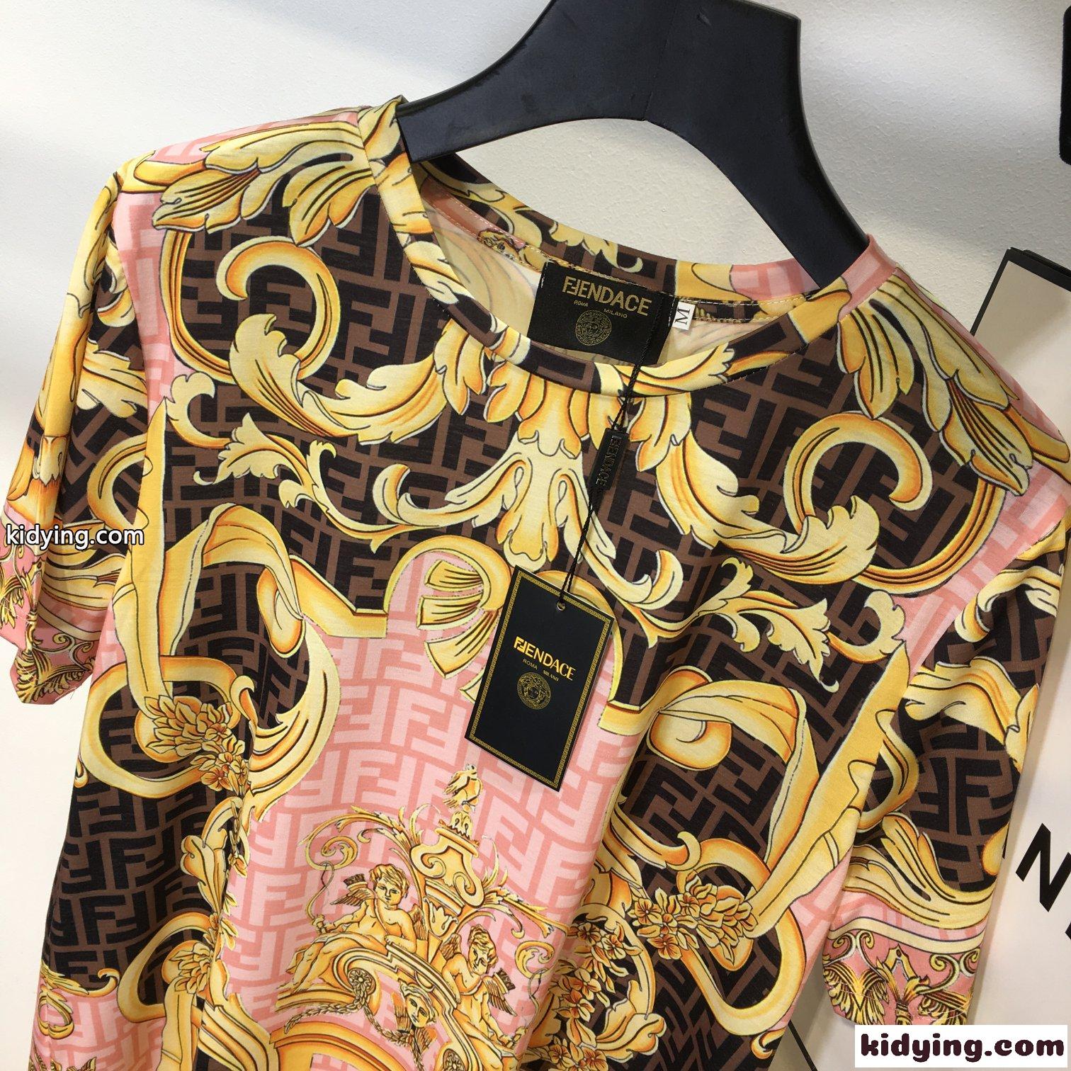 Fendi x Versace コラボ 新作 プリント クルーネック フェンディ 半袖tシャツ コピー チュニック トップス-2