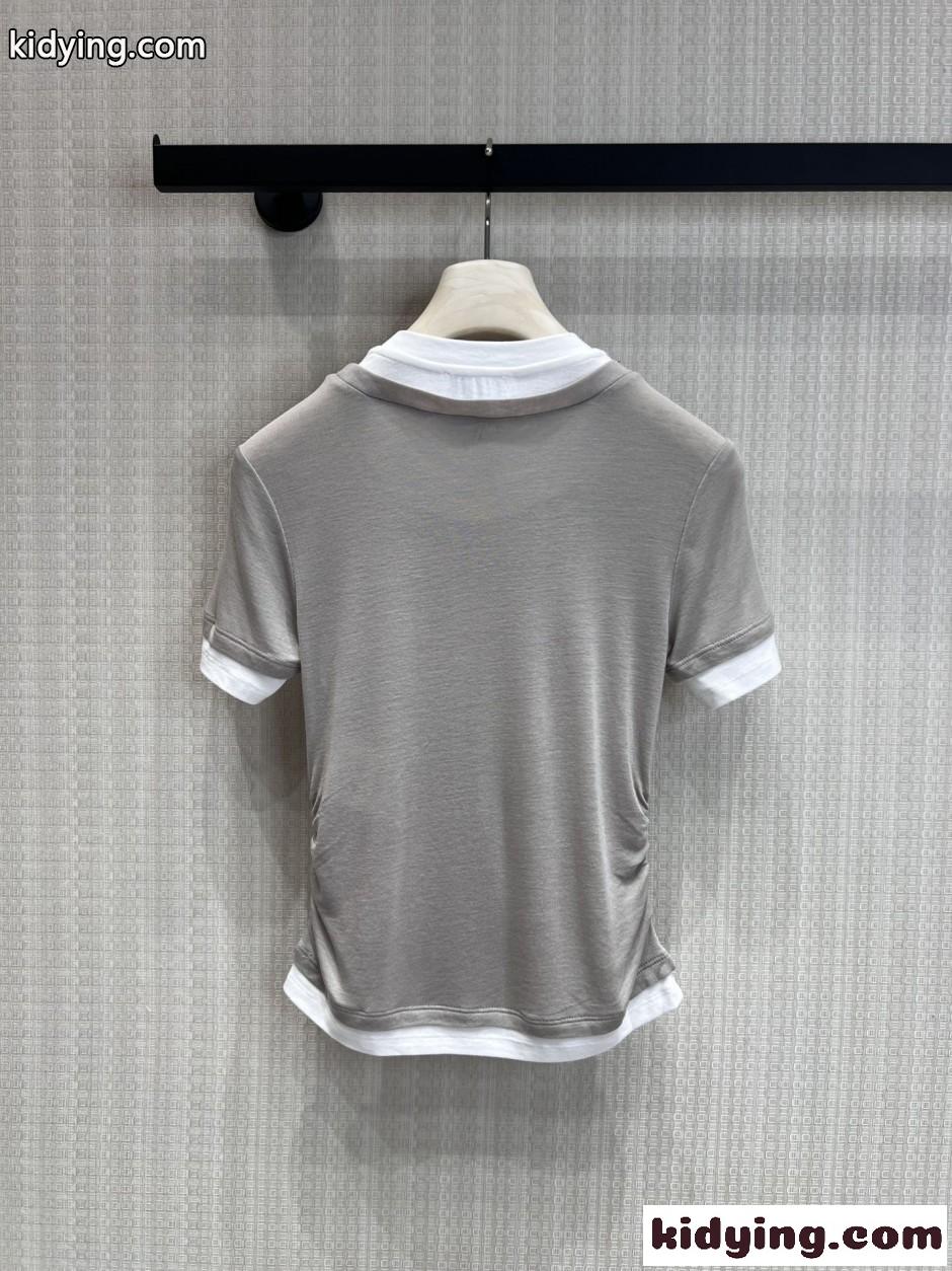 ビジューネック レイヤード風 半袖Tシャツ ミュウミュウ Tシャツ 偽物 グレージュ-2