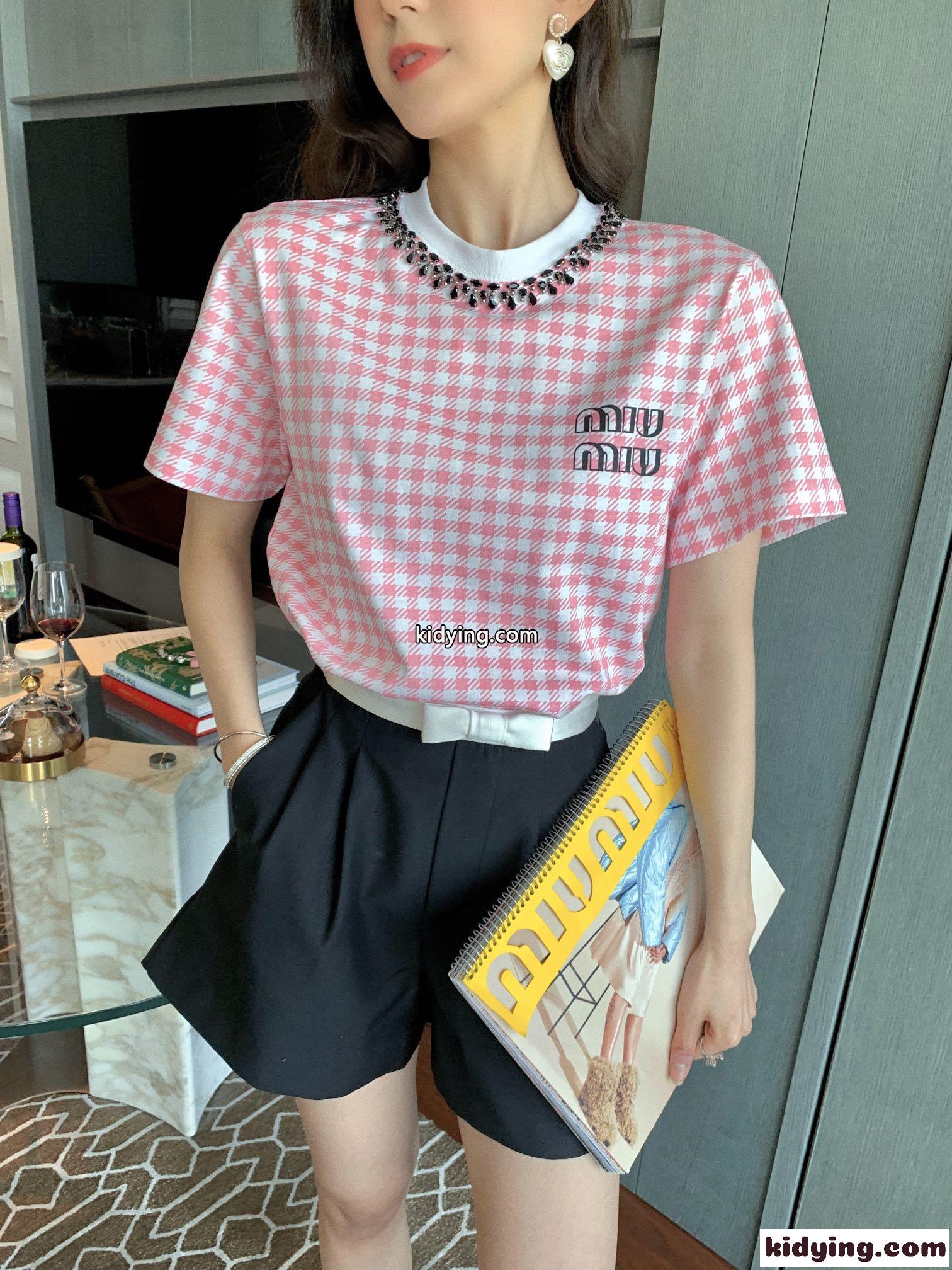スウィート おしゃれ チェック柄 可愛い ミュウミュウ 半袖tシャツ コピー 人気 レディース 春夏 新作 トップス-2