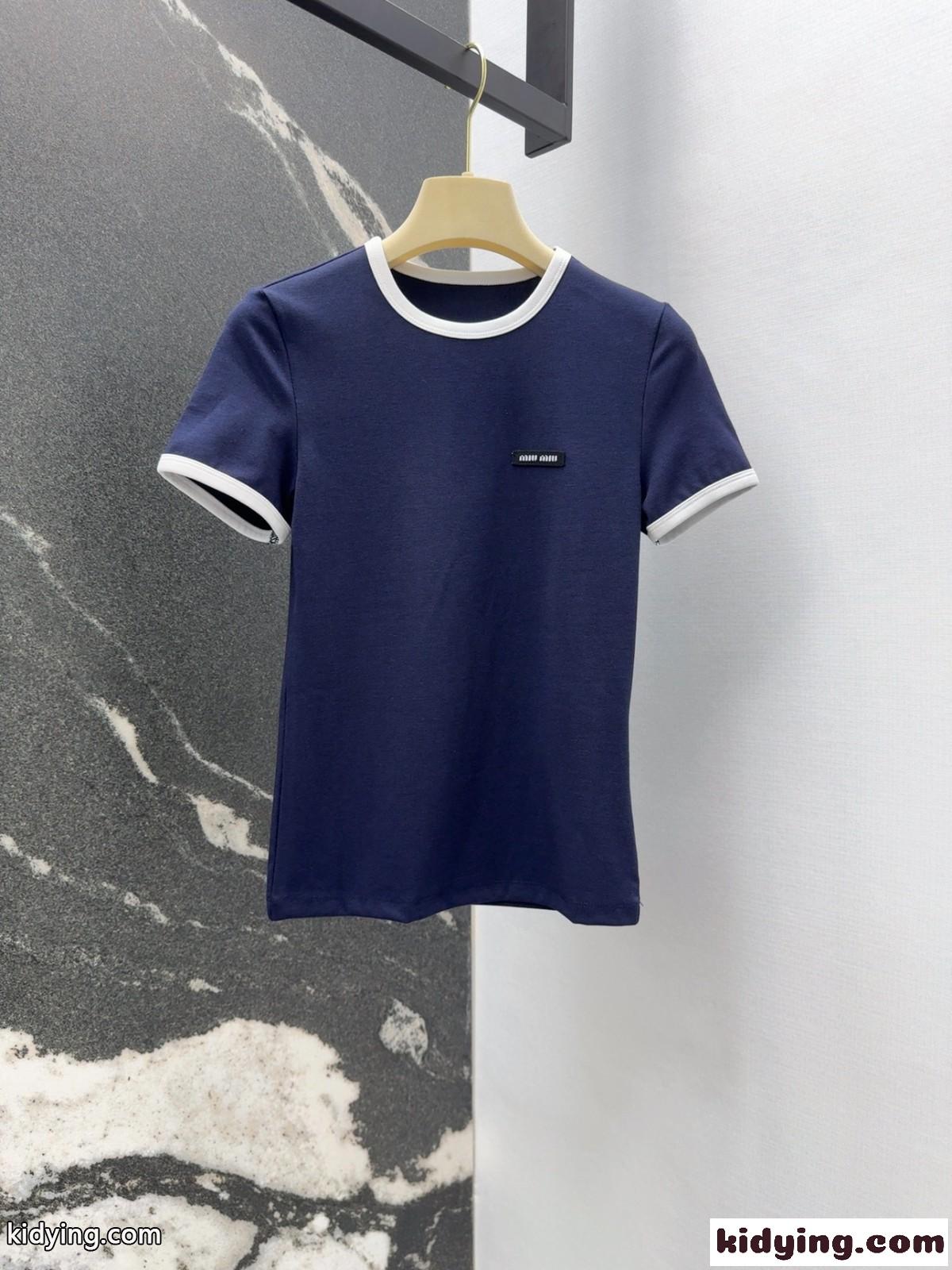 カジュアル おしゃれ コットン 半袖Tシャツ ミュウミュウ Tシャツ コピー ネイビー-2