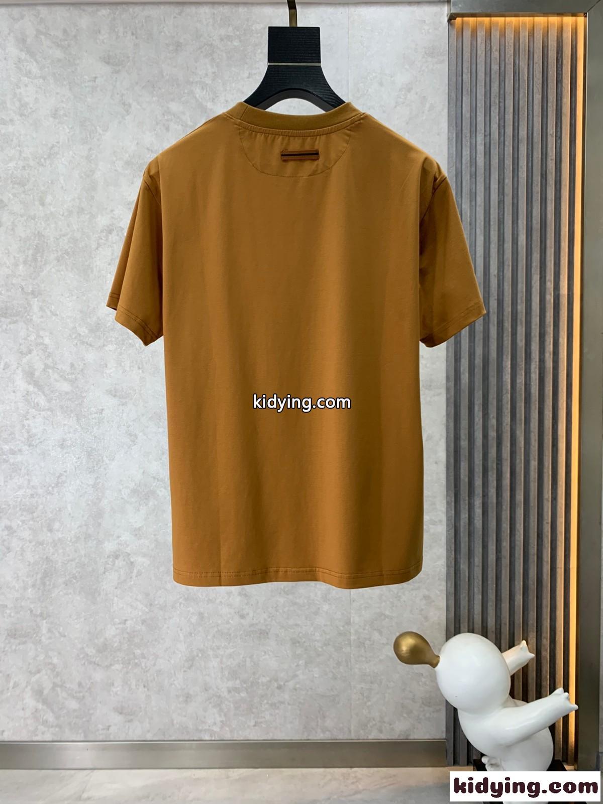 ベーシック シンプル ロゴ クルーネック 半袖Tシャツ エルメネジルド・ゼニア Tシャツ コピー キャメル-1