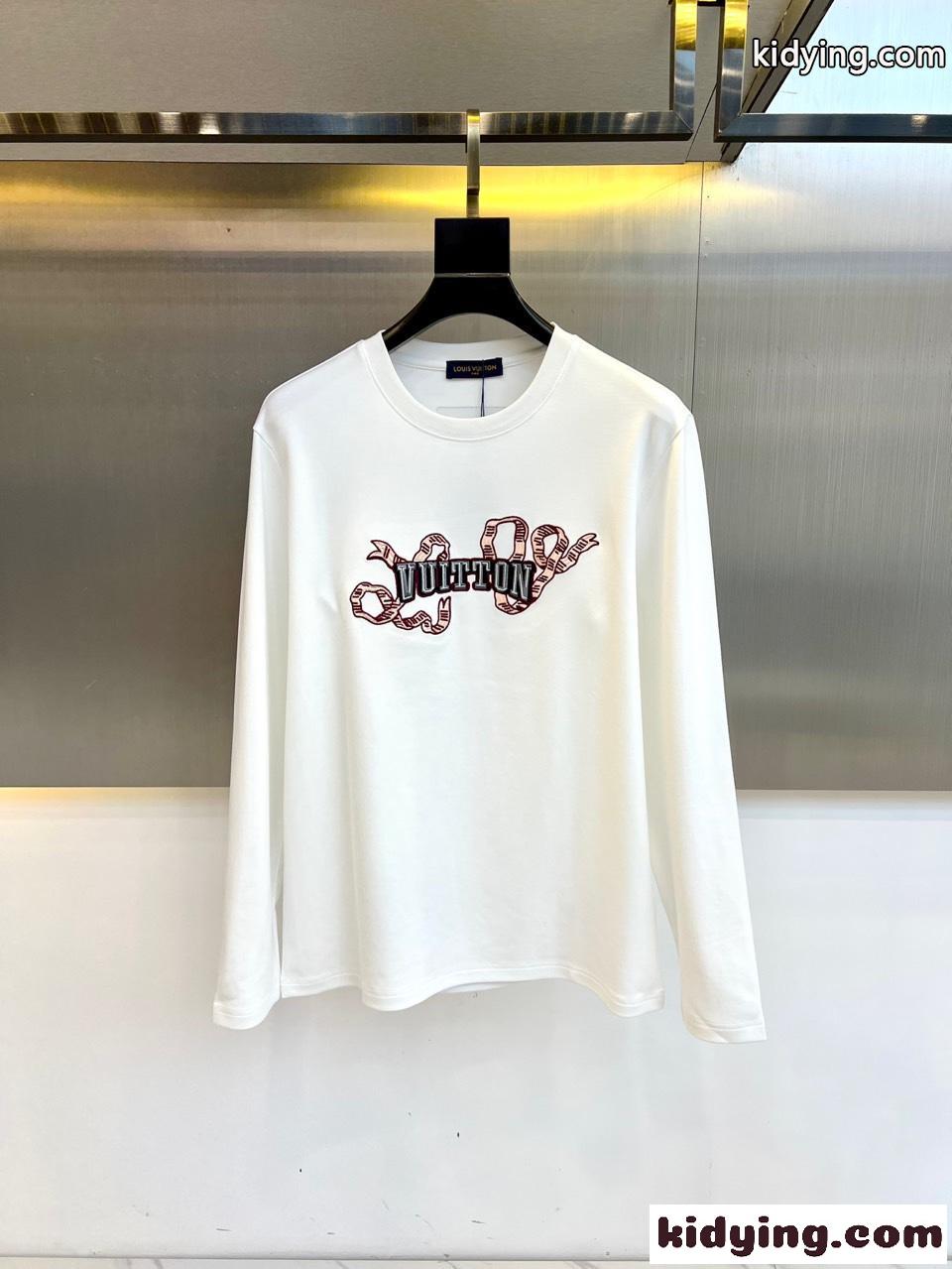 シンプル カジュアル 刺繍入り 長袖Tシャツ ルイ・ヴィトン Tシャツ コピー ホワイト-0