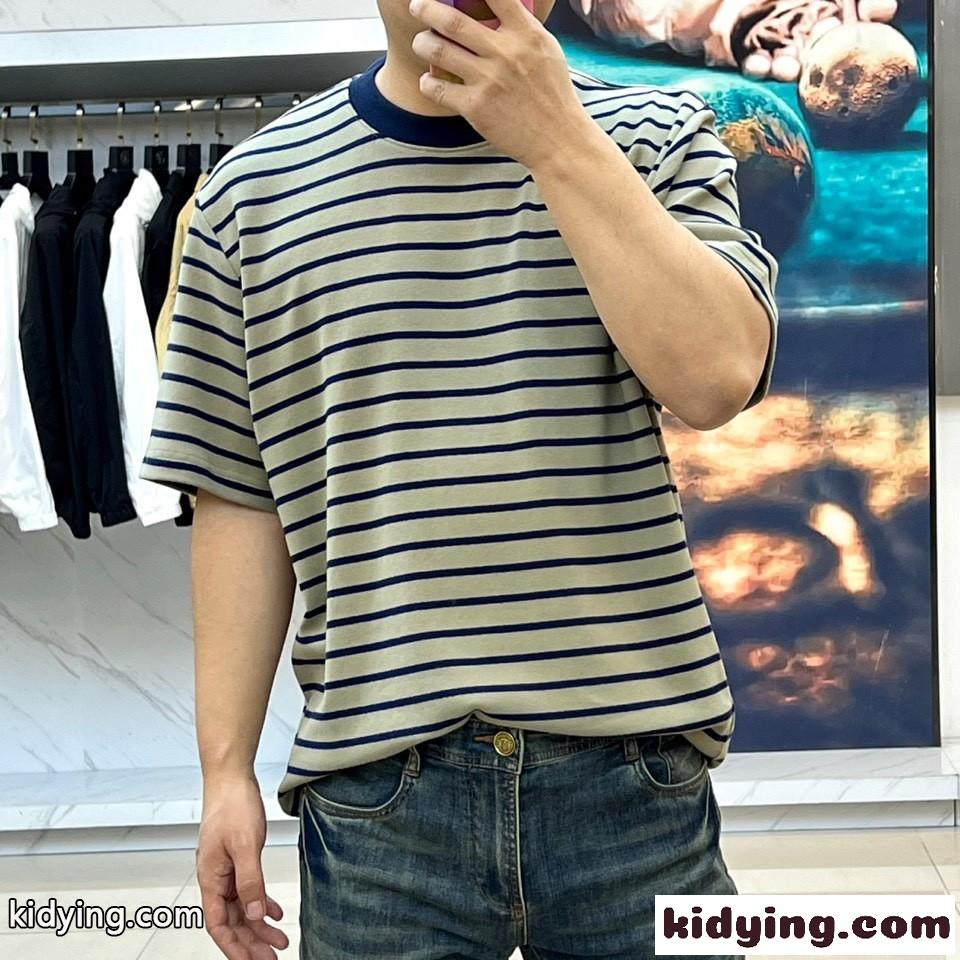 カジュアル お洒落 ボーダー柄 半袖Tシャツ グッチ Tシャツ コピー カーキ-0
