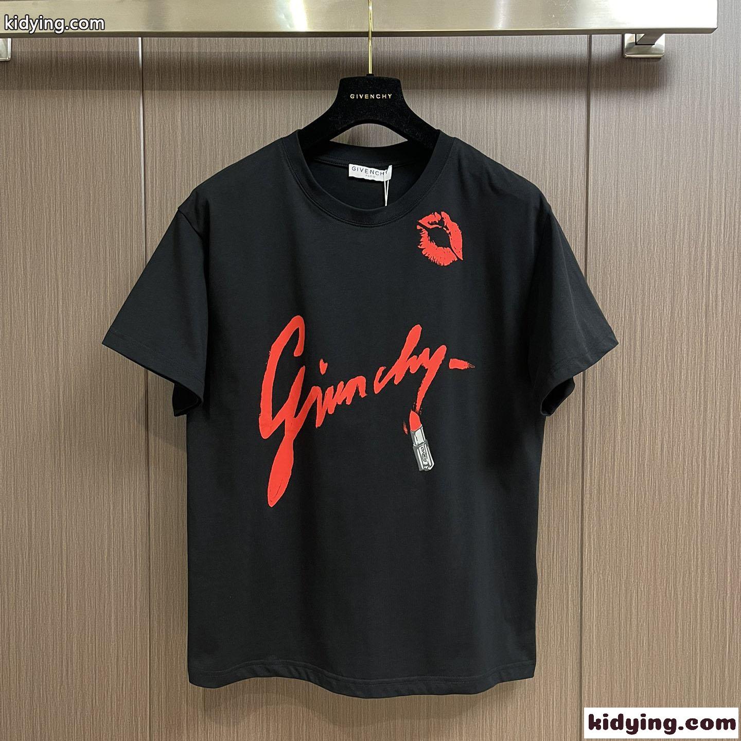 人気 リップスティックプリント Tシャツ ジバンシィ Tシャツ コピー クルーネック ブラック-0