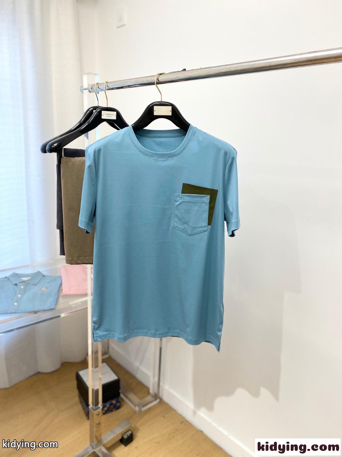 24SS レザーポケット付き 半袖Tシャツ エルメス Tシャツ コピー ライトブルー-0