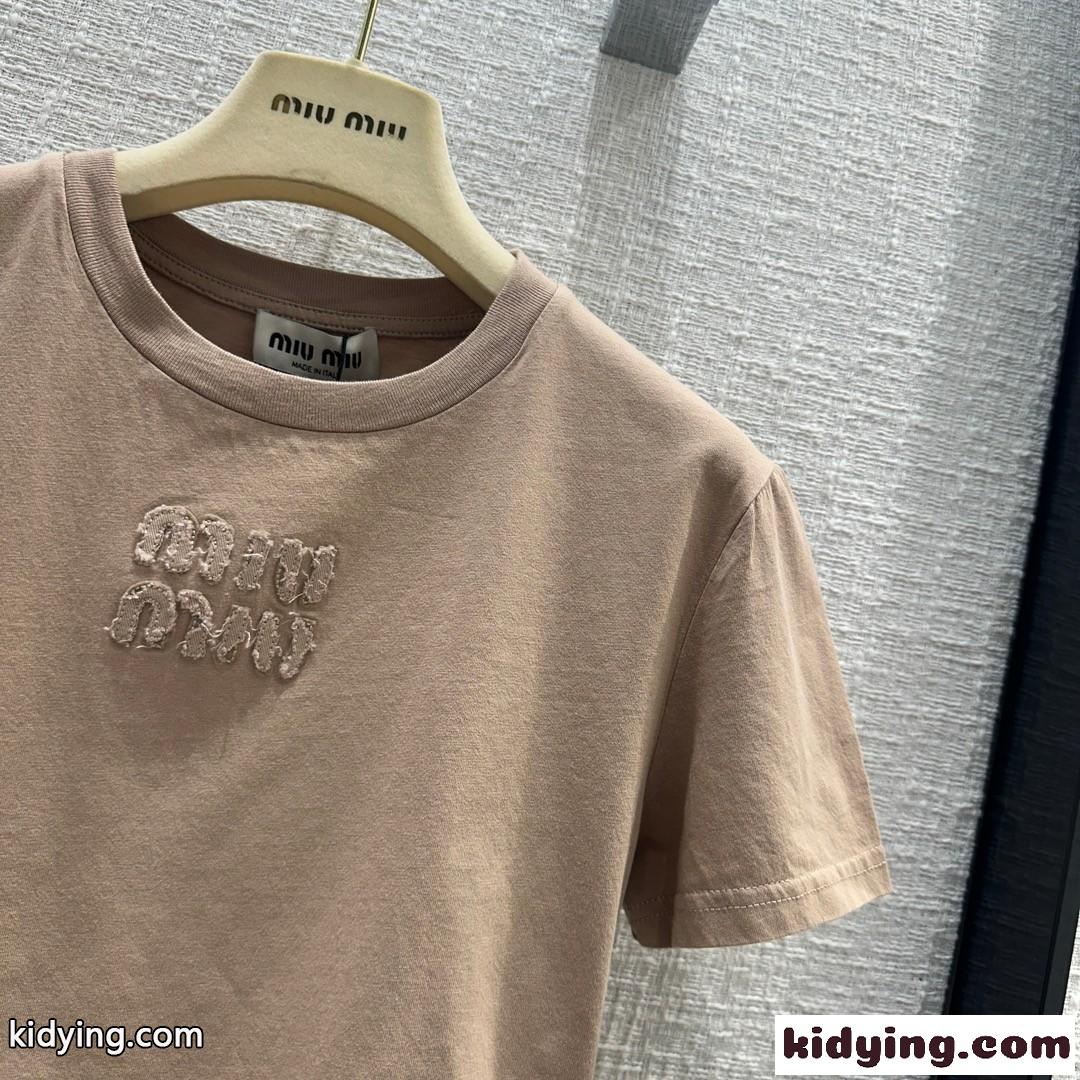 刺繍ロゴ入り コットン 半袖Tシャツ ミュウミュウ Tシャツ コピー-3