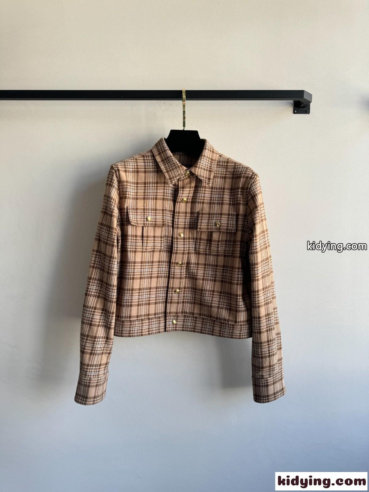 ウール＆カシミヤ チェック柄 ショート丈シャツ セリーヌ シャツ コピー レディース-1
