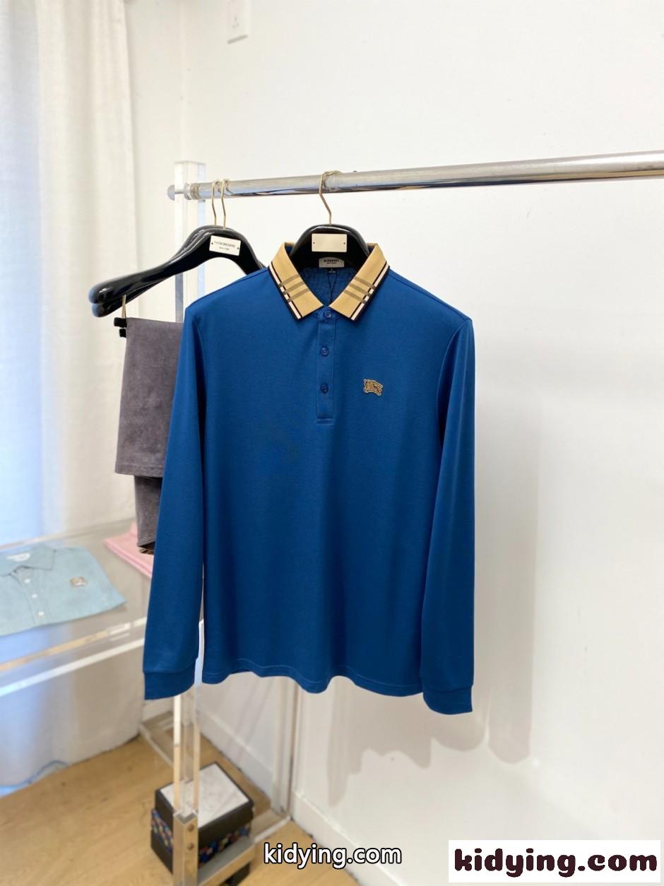 バーバリー Tシャツ 偽物 定番 チェックカラー 長袖ポロシャツ ブルー-0