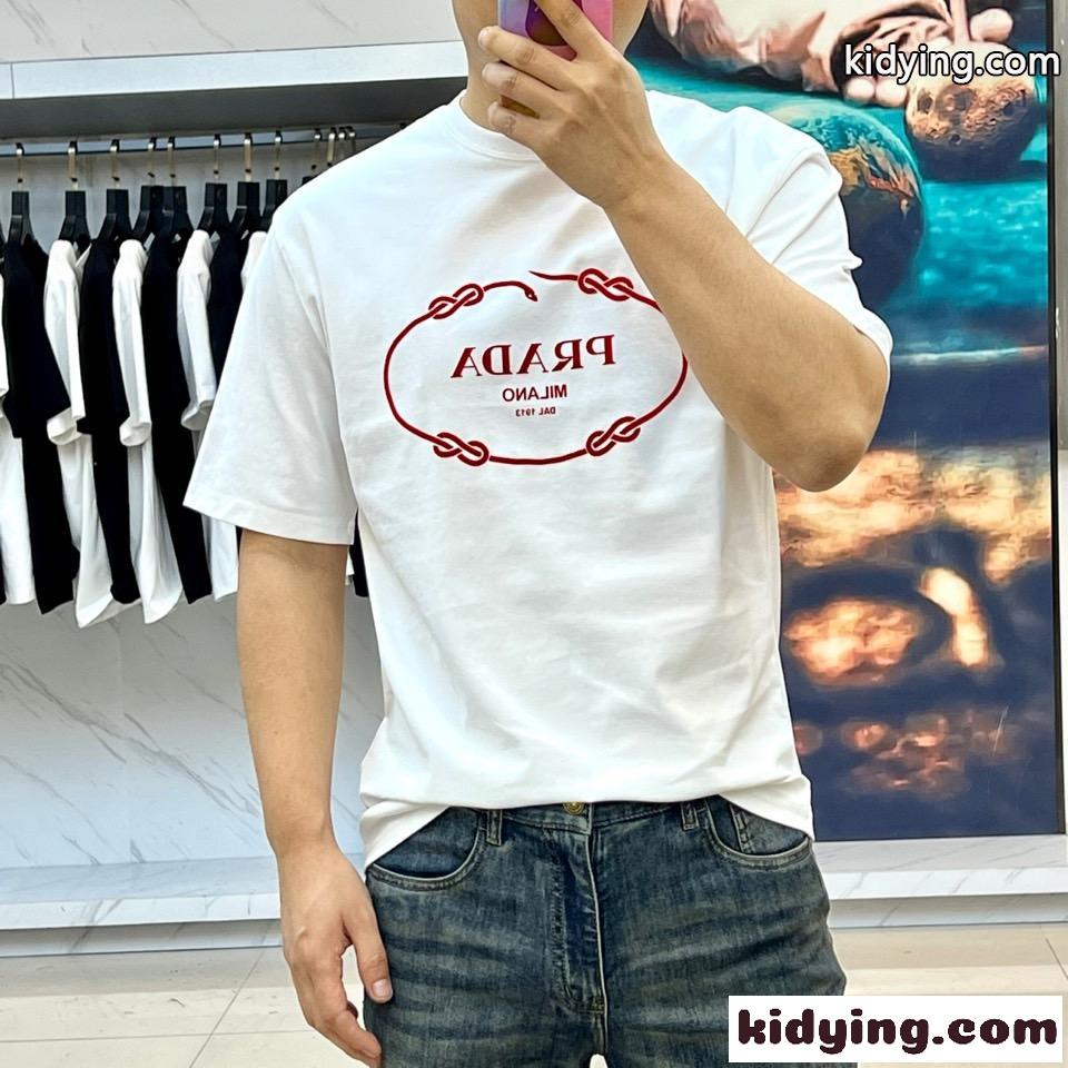 シンプル ロゴプリント 半袖Tシャツ プラダ Tシャツ コピー コットン ホワイト-1