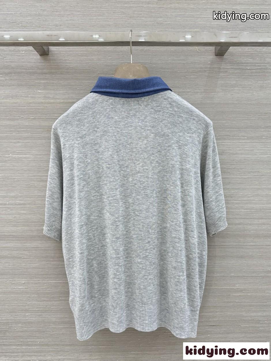 配色 切り替え ポロシャツ ミュウミュウ Tシャツ コピー グレー-4