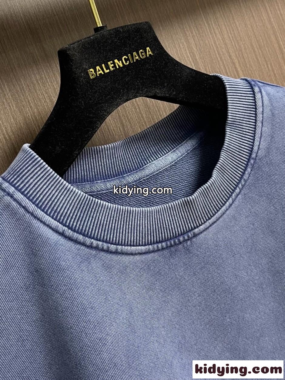 カジュアル ウォッシュ加工 スウェットシャツ バレンシアガ Tシャツ 偽物 ブルー-4