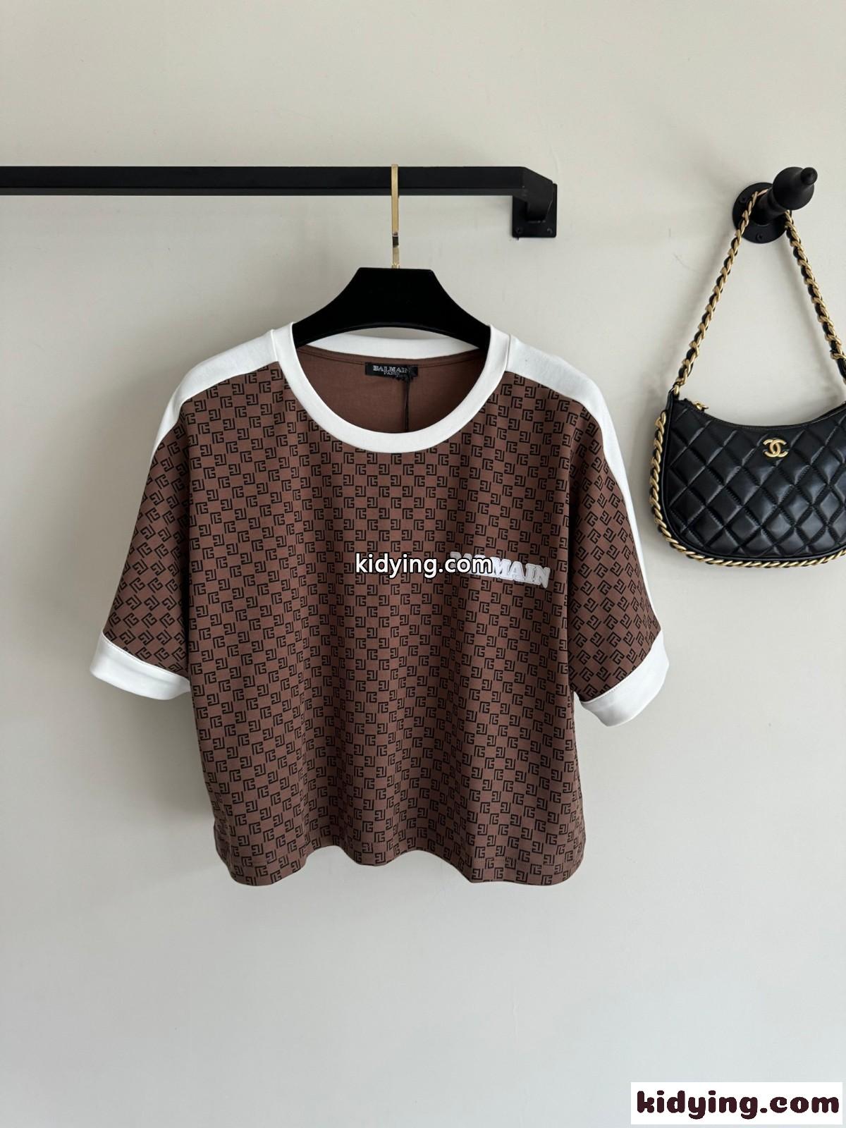 おしゃれ モノグラム コットン 半袖Tシャツ バルマン Tシャツ コピー レディース-0