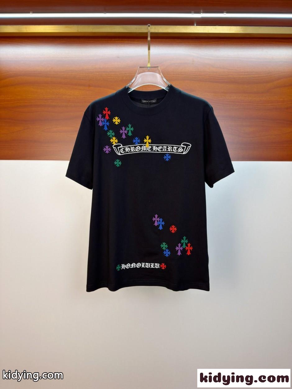 ロゴ刺繍 クルーネック 半袖Tシャツ クロムハーツ Tシャツ 偽物 コットン ブラック-1