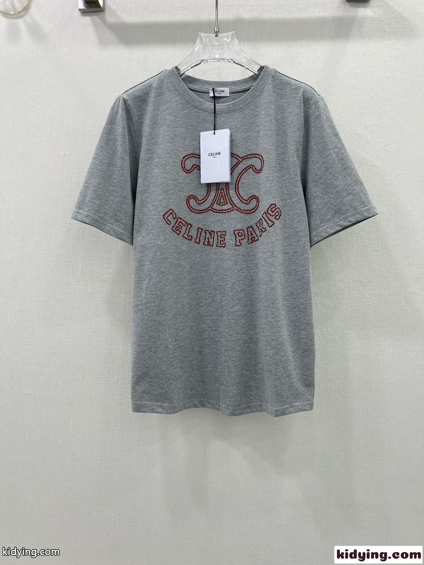 ラインストーン付き ロゴ 半袖Tシャツ セリーヌ Tシャツ コピー グレー-1