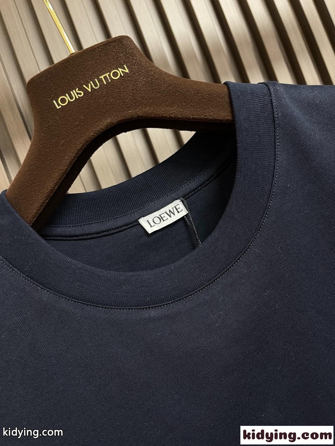 シンプル アナグラム刺繍 クルーネック ロエベ Tシャツ 偽物 コットン ネイビー-4