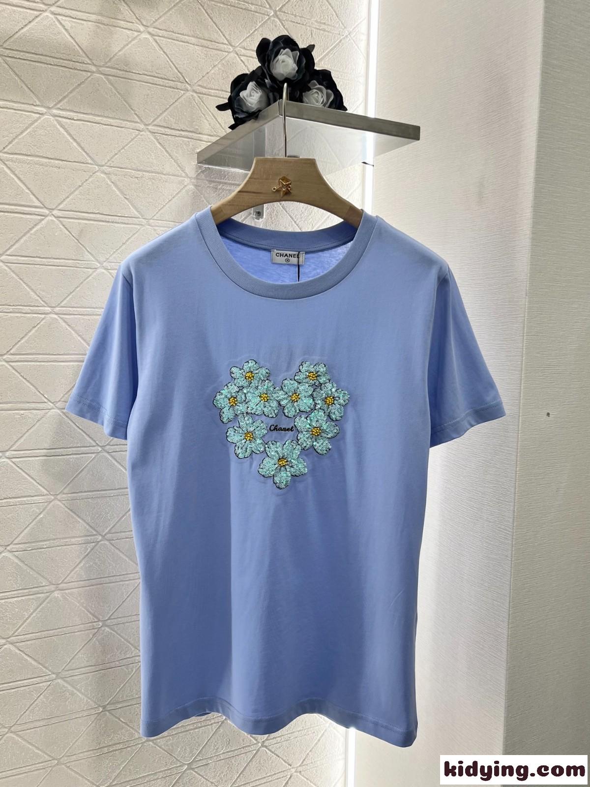 シンプル コットン 半袖Tシャツ シャネル Tシャツ スーパーコピー ライトパープル-2