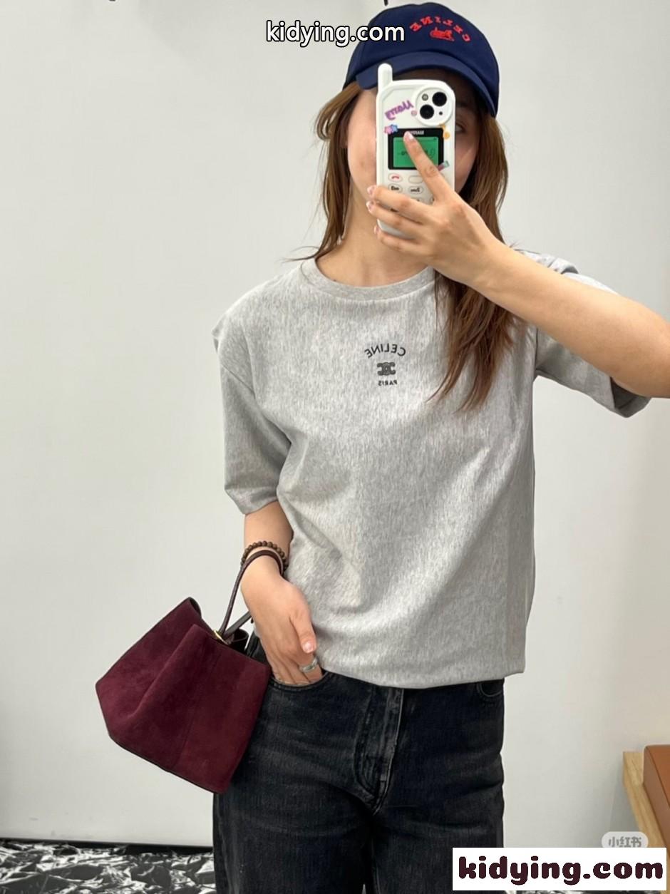 シンプル コットン ロゴ入り 半袖Tシャツ セリーヌ Tシャツ 偽物 グレー-3