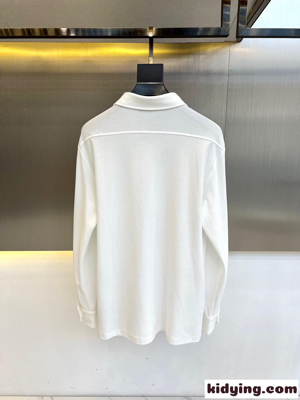 コットンピケ 長袖 ポロシャツ エルメネジルド・ゼニア Tシャツ コピー ホワイト-4