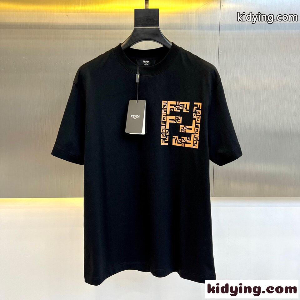 定番 カジュアル ロゴ クルーネック フェンディ 半袖Tシャツ コピー ブラック-0