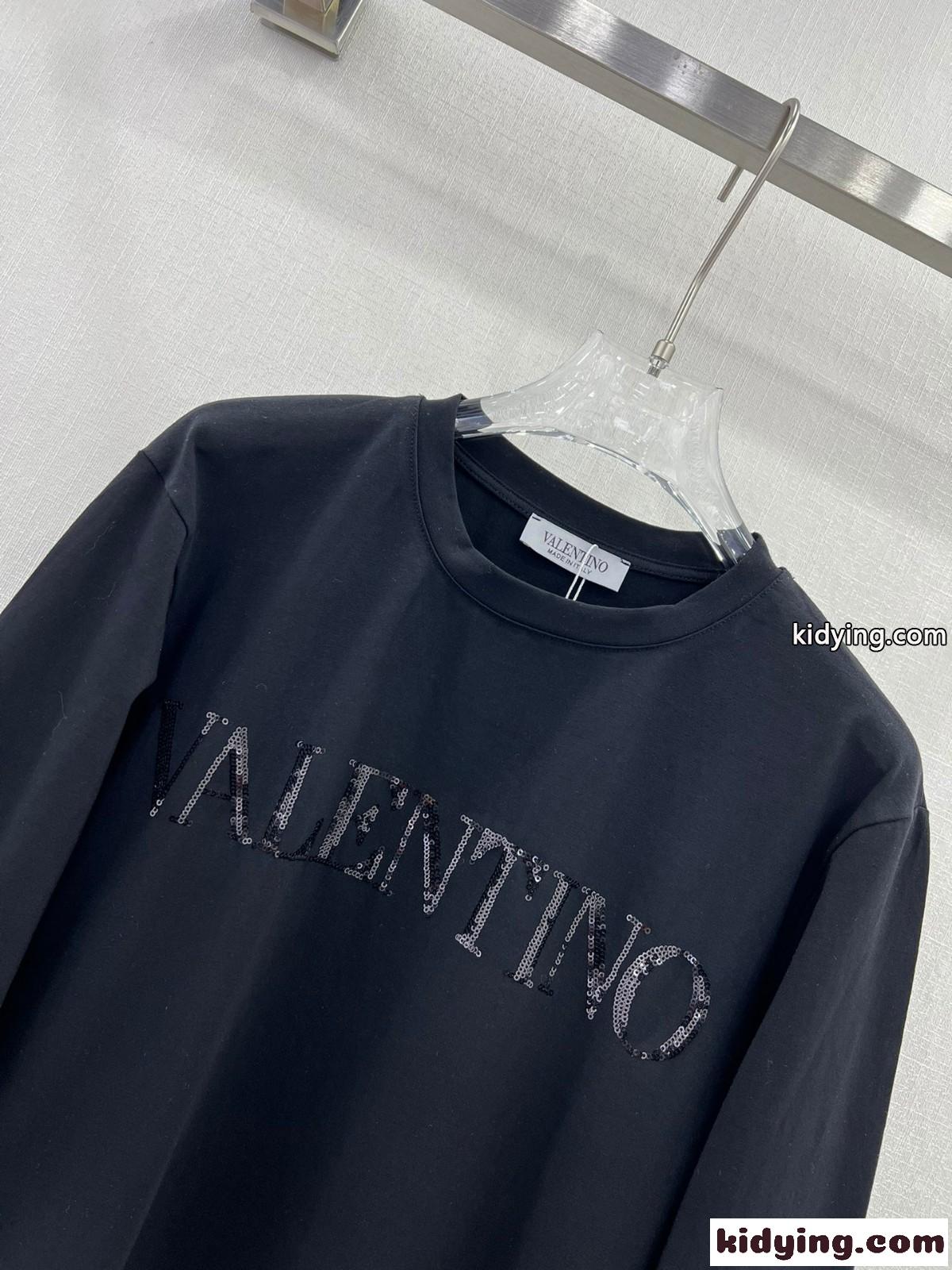 シンプル スパンコールロゴ クルーネック ヴァレンティノ Tシャツ コピー ブラック-2