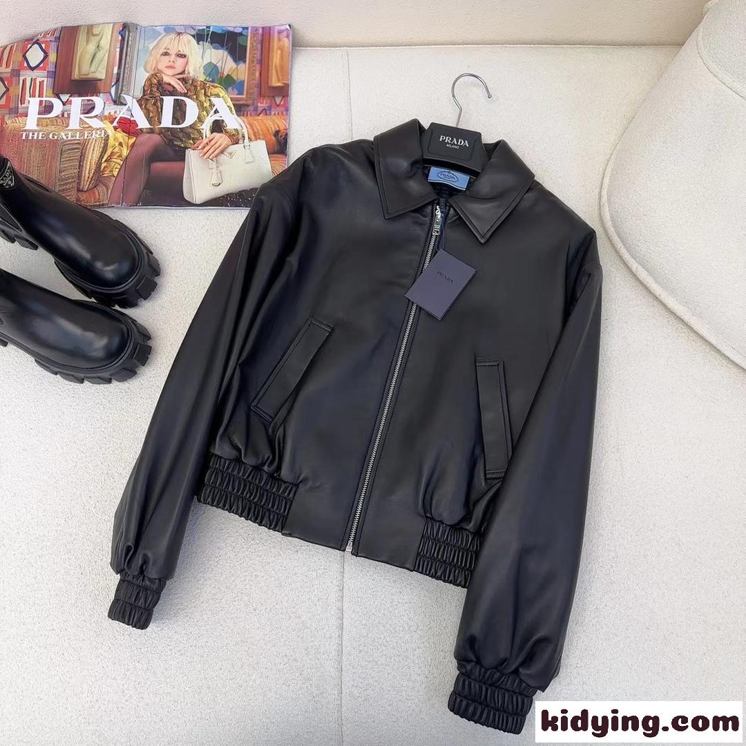 プラダジャケット偽物 トップス アウター 秋冬服 防風 本革 シンプル ゆったり ブラック-0