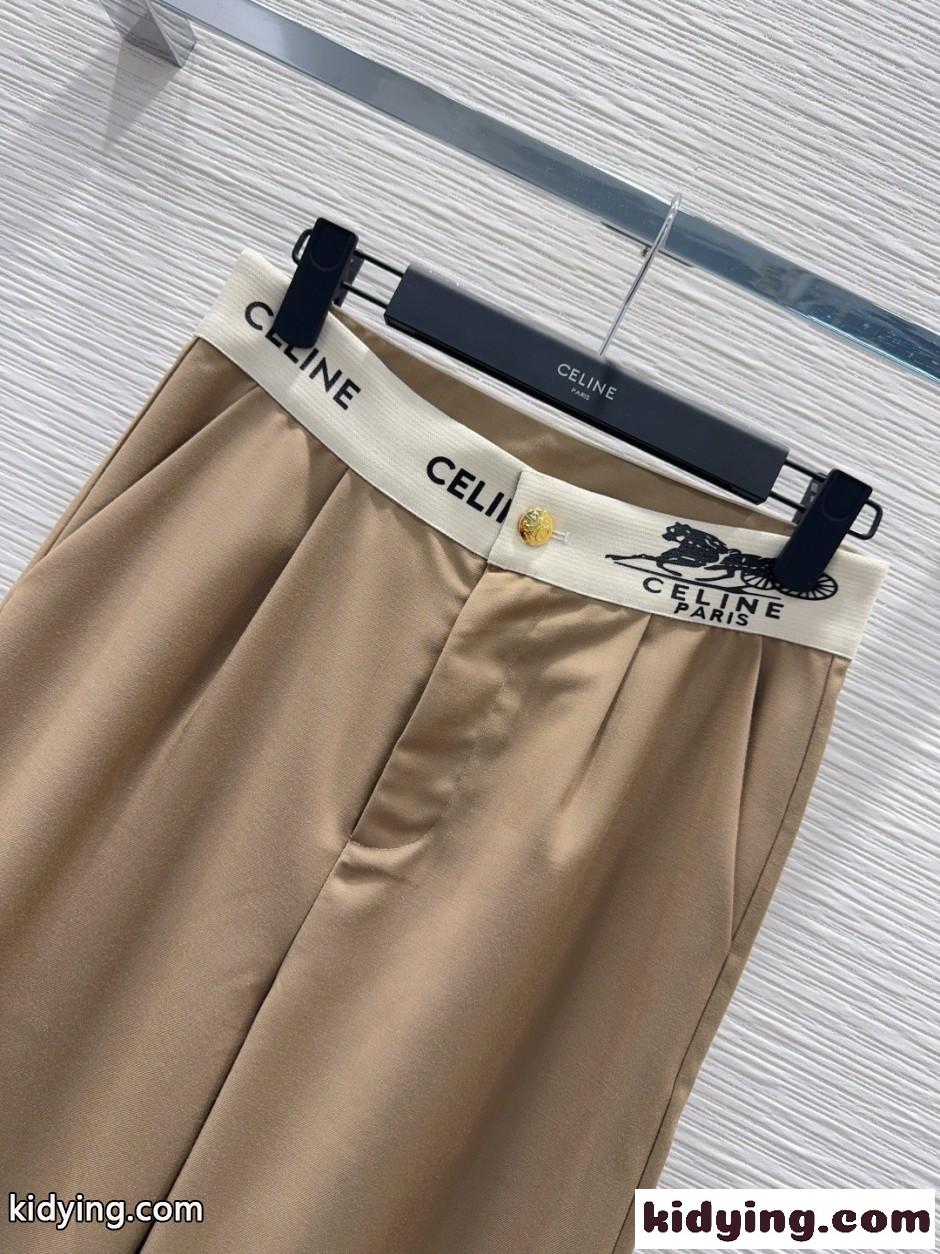 おしゃれ ロゴウエスト ワイドパンツ セリーヌ パンツ 偽物 カーキ-1