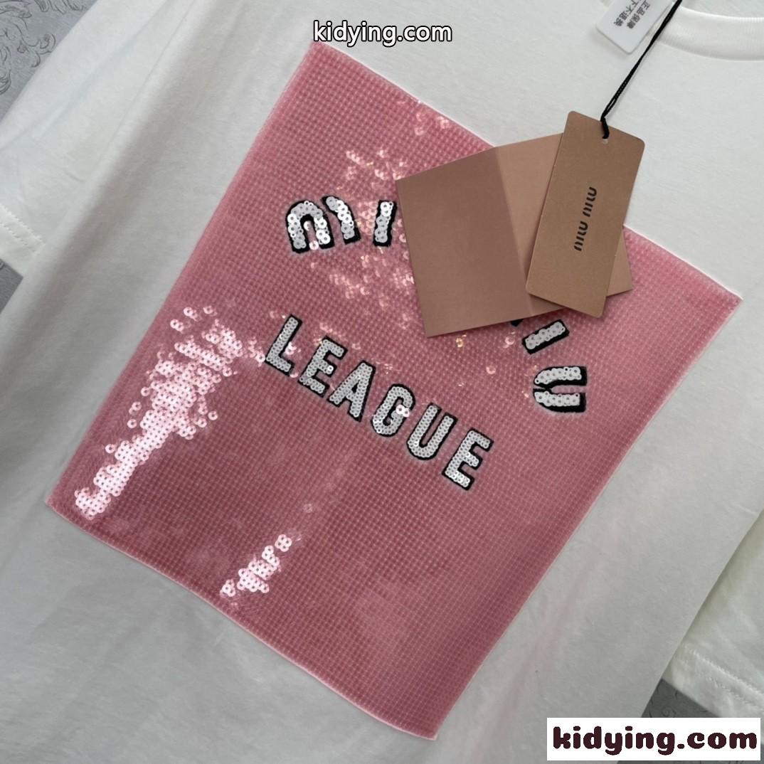 2022春夏新作 人気 刺繍 スパンコール ラウンドネック ゆったり ミュウミュウ 半袖tシャツ コピー レディース-1