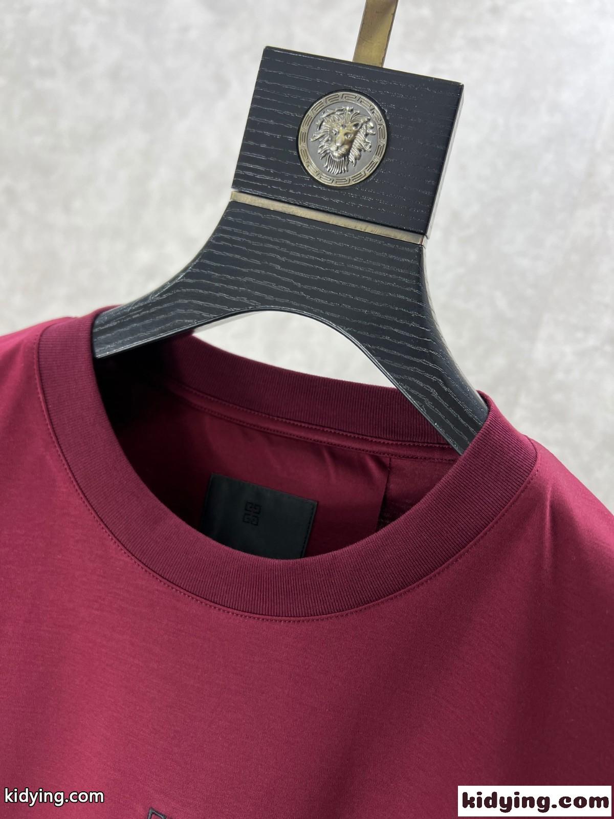 シンプル 4G 刺繍入り ジバンシィ Tシャツ 偽物 コットン 半袖Tシャツ ワイン-4