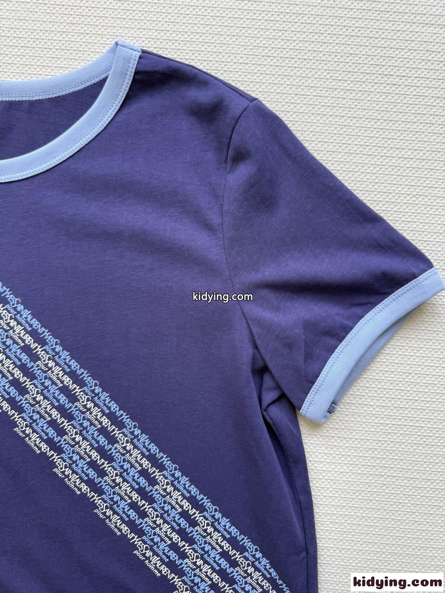 カジュアル コットン 配色 半袖Tシャツ イヴ・サンローラン Tシャツ コピー パープル-4