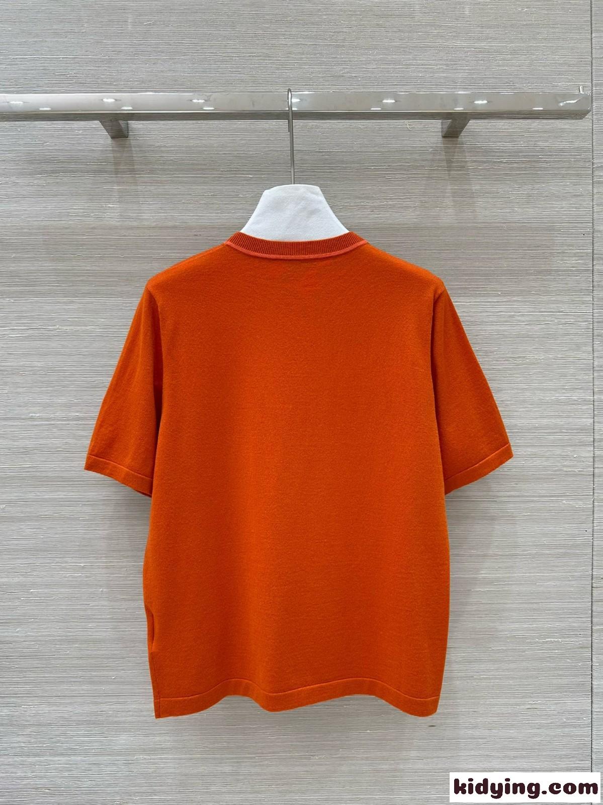 お洒落 ポケット付き ショートスリーブニット エルメス ニット コピー オレンジ-4